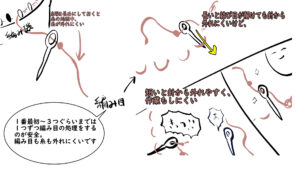 輪編み機の編み目をとじ針で閉じていくとき、糸端は長めに残しておこう