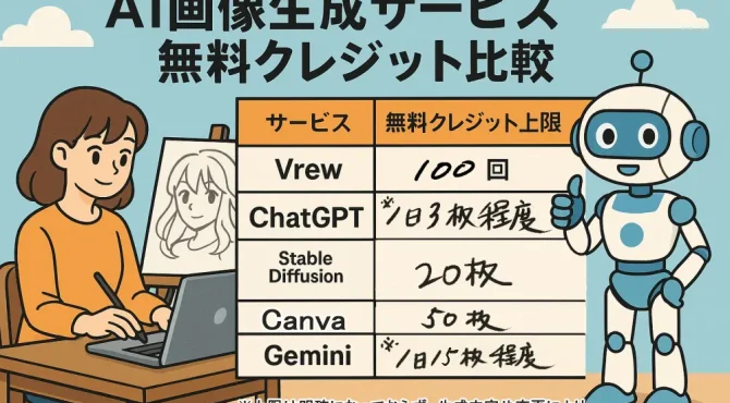 AI画像生成サービスの無料クレジット上限や回復方法を比較。Vrew・Canva・Gemini・チャットGPT・Stablediffusion などの制限と、使い切った後の対処方法をわかりやすくまとめました。AIは難しそうという人は今こそ始めるべき…これを機にクラウドワークスで在宅ワークを始める第一歩としてもオススメ