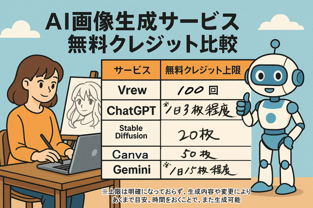AI画像生成サービスの無料クレジット上限や回復方法を比較。Vrew・Canva・Gemini・チャットGPT・Stablediffusion などの制限と、使い切った後の対処方法をわかりやすくまとめました。AIは難しそうという人は今こそ始めるべき…これを機にクラウドワークスで在宅ワークを始める第一歩としてもオススメ