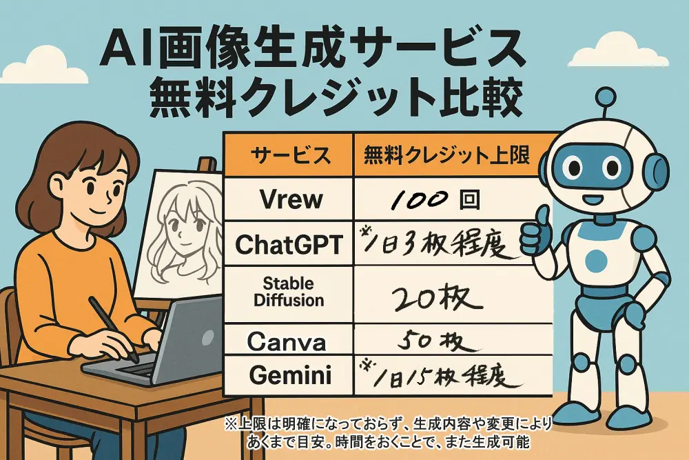 AI画像生成サービスの無料クレジット上限や回復方法を比較。Vrew・Canva・Gemini・チャットGPT・Stablediffusion などの制限と、使い切った後の対処方法をわかりやすくまとめました。AIは難しそうという人は今こそ始めるべき…これを機にクラウドワークスで在宅ワークを始める第一歩としてもオススメ