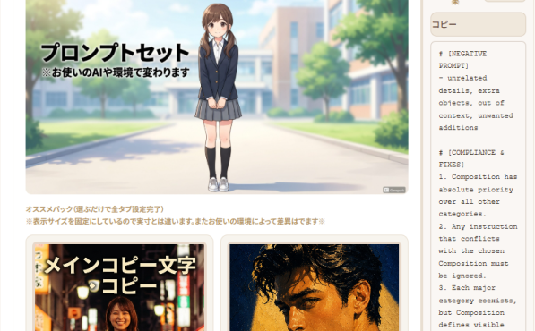 ボタンを押してAI画像プロンプトをコピペしよう。オススメセットやメインテキストや吹き出し位置調整もあり。（※GeminiやChatGPTなどお使いのAI環境下で生成結果は変わります）