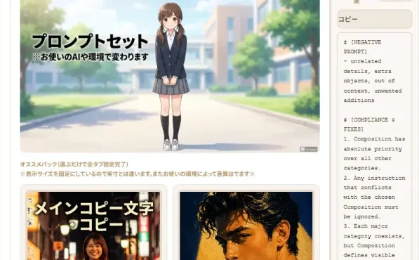 ボタンを押してAI画像プロンプトをコピペしよう。オススメセットやメインテキストや吹き出し位置調整もあり。（※GeminiやChatGPTなどお使いのAI環境下で生成結果は変わります）