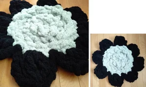 ふわふわジャイアントヤーンで作ったお花のマット 指で編む