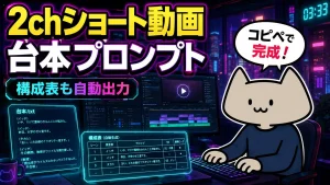 2ch風ショート動画台本をAIで自動生成できるプロンプトを公開。台本作成から構成表出力まで対応し、YouTube Shorts挑戦して見るのもいかがでしょうか？カスタマイズしたい場合のアドバイスや、実際の内容、それをもとにVrewを使った動画化例や実際に一部作ってみた動画も掲載中。
