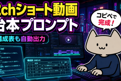 2ch風ショート動画台本をAIで自動生成できるプロンプトを公開。台本作成から構成表出力まで対応し、YouTube Shorts挑戦して見るのもいかがでしょうか？カスタマイズしたい場合のアドバイスや、実際の内容、それをもとにVrewを使った動画化例や実際に一部作ってみた動画も掲載中。