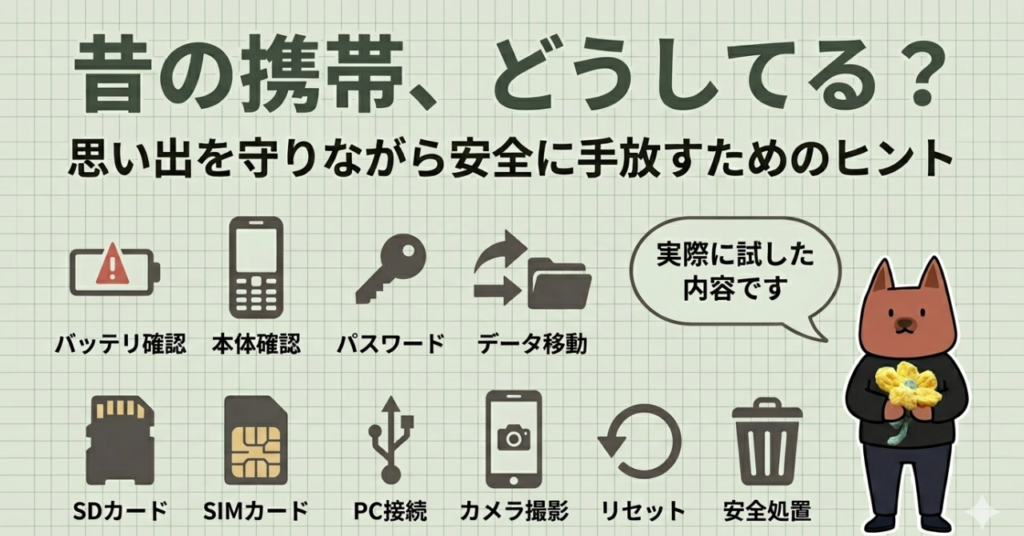 古い携帯ガラケーを処分したときの話。データ移動や、暗証番号