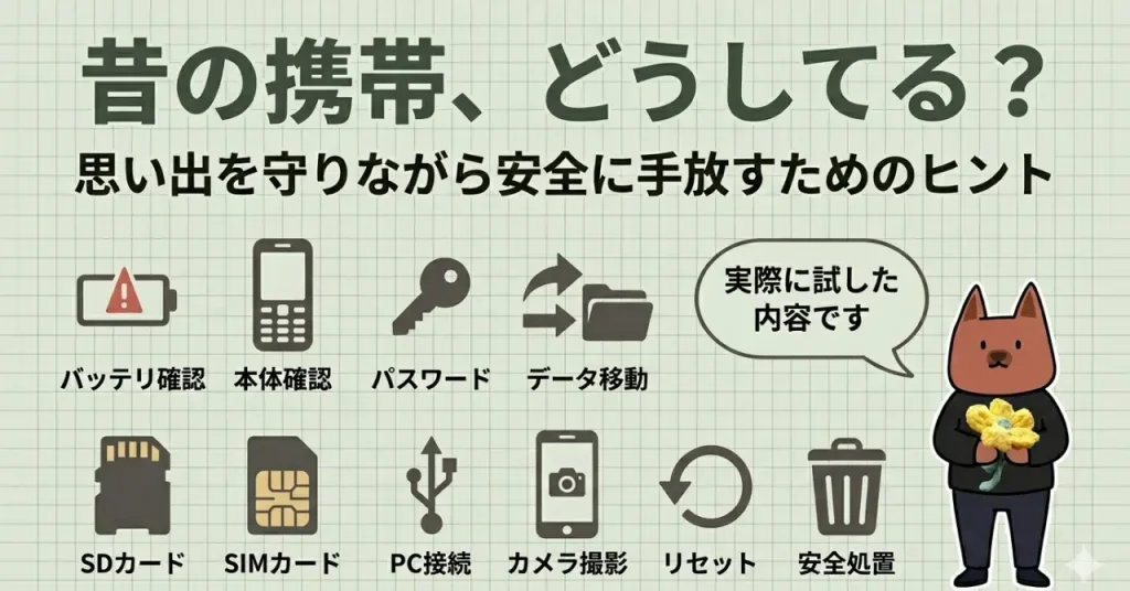 古い携帯ガラケーを処分したときの話。データ移動や、暗証番号